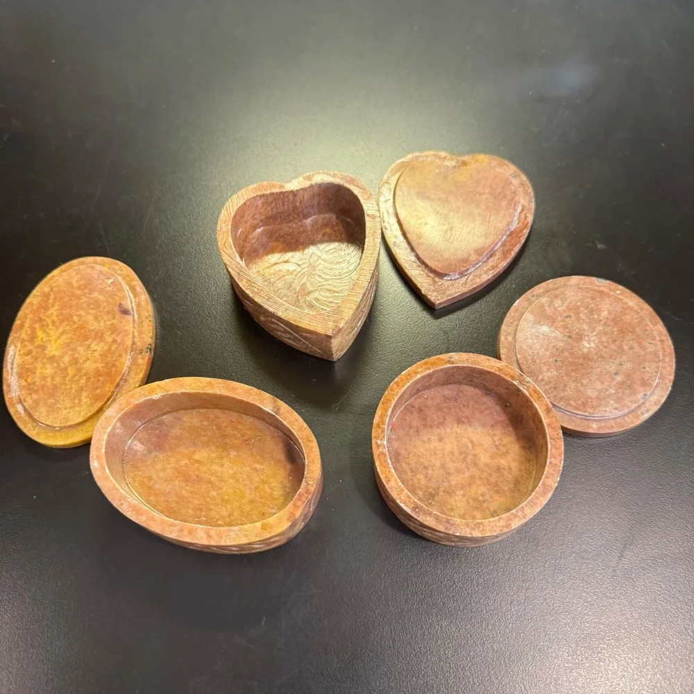 K's Collection Soapstone Trinket Boxes Set of 3 Brown Hand Carved Floral India
